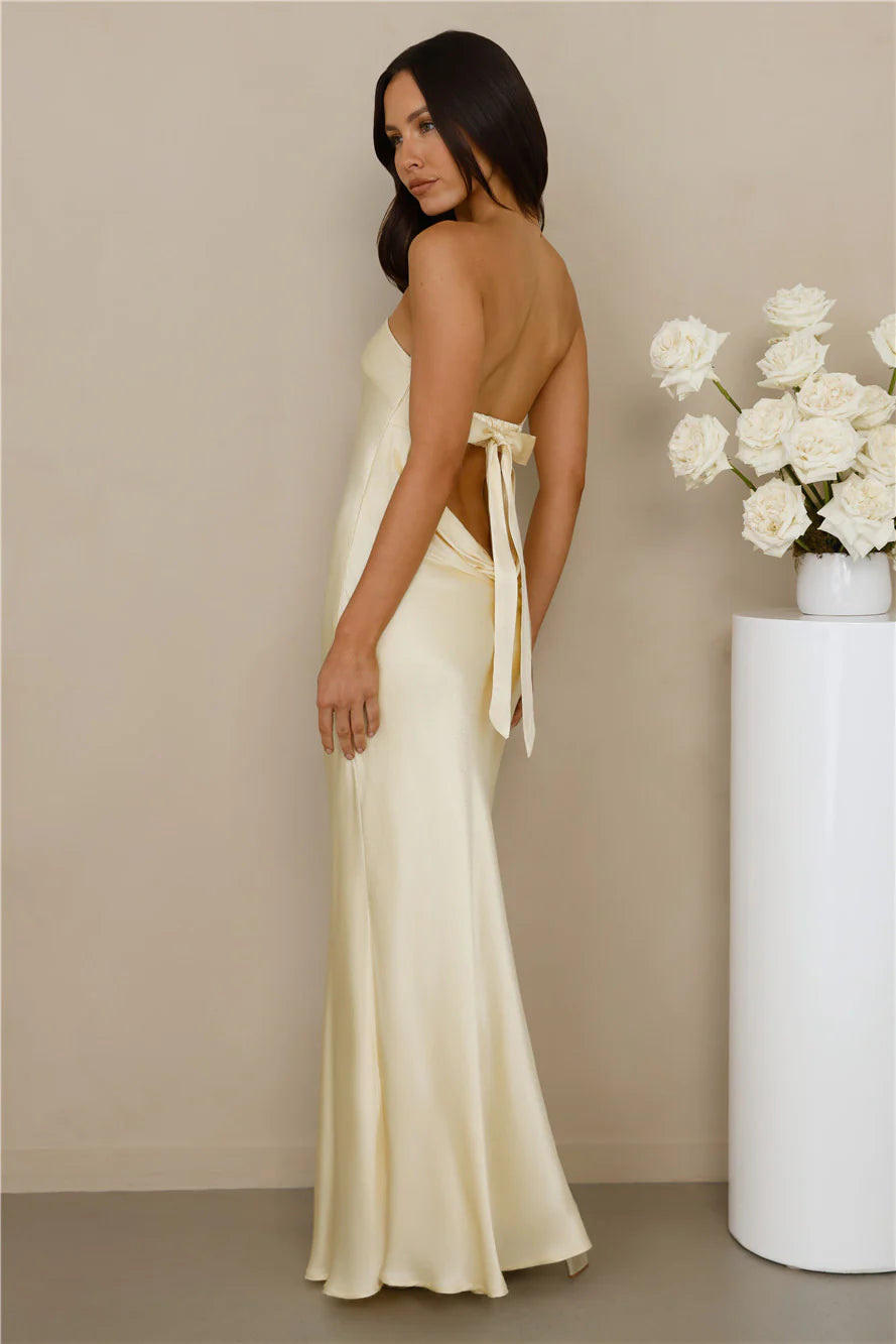 The Felicity Strapless Satin Maxi Dress Yellow