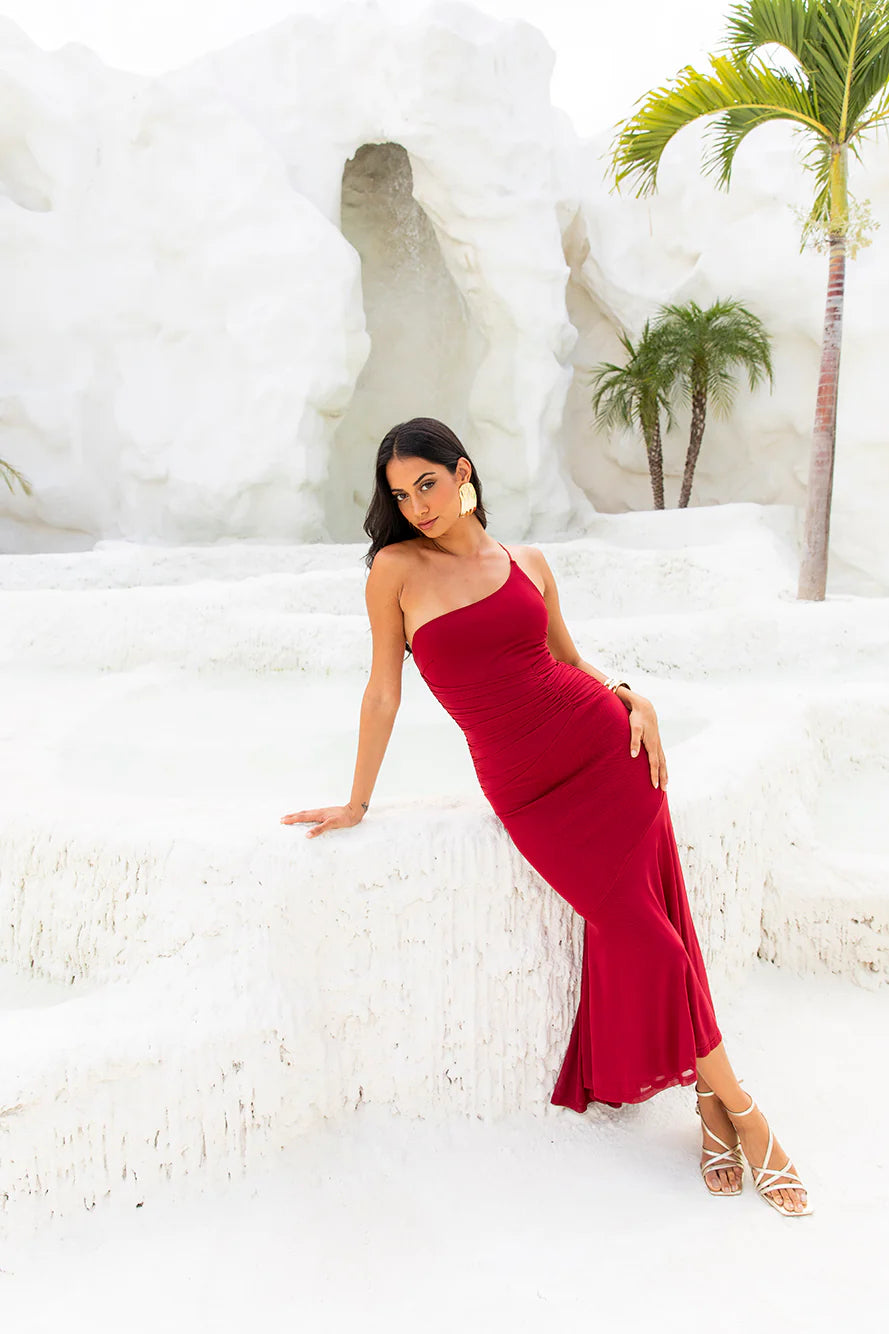 Self Expression One Shoulder Mesh Maxi Dress Red
