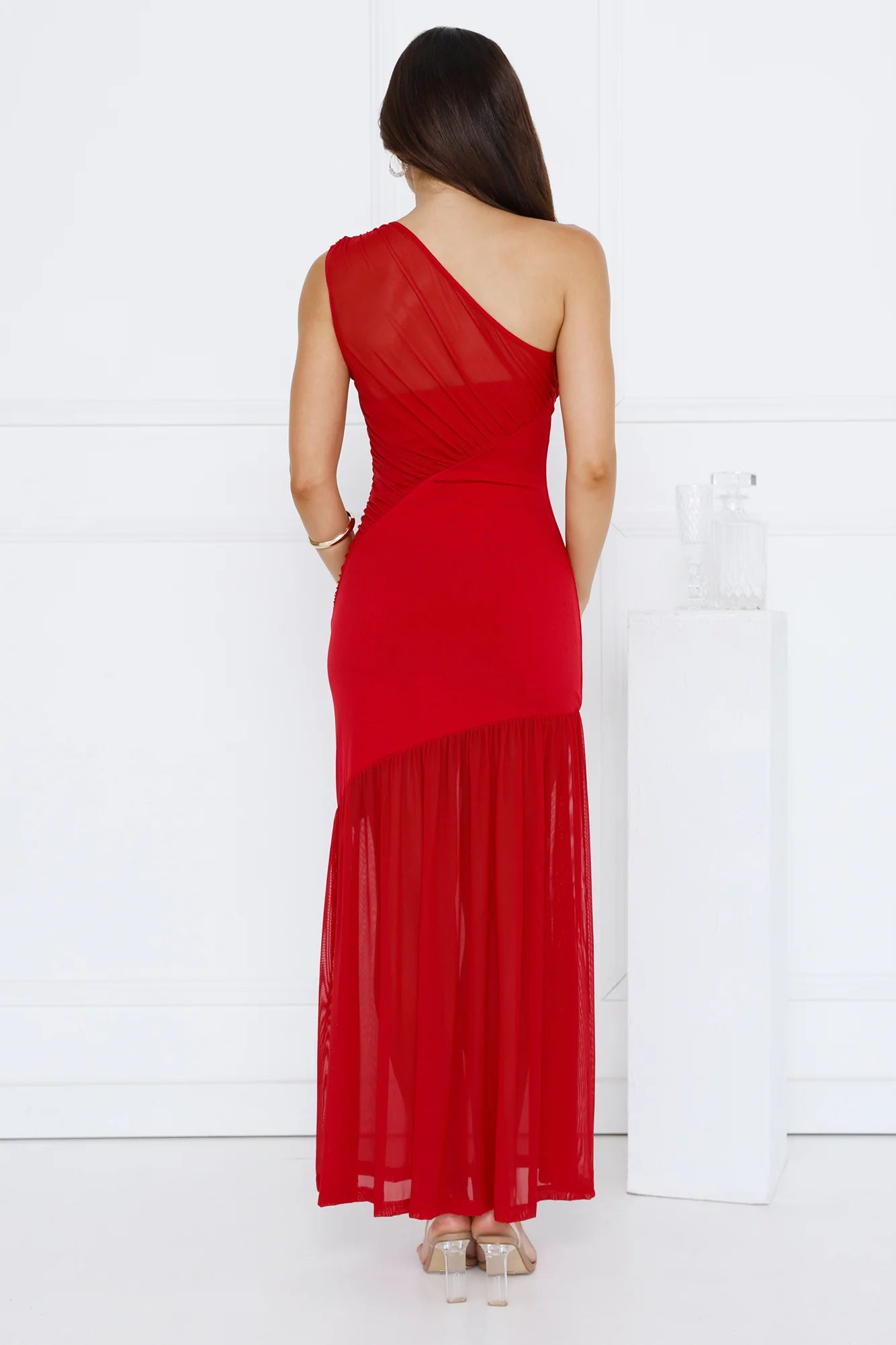Vibe Style One Shoulder Mesh Maxi Dress Red