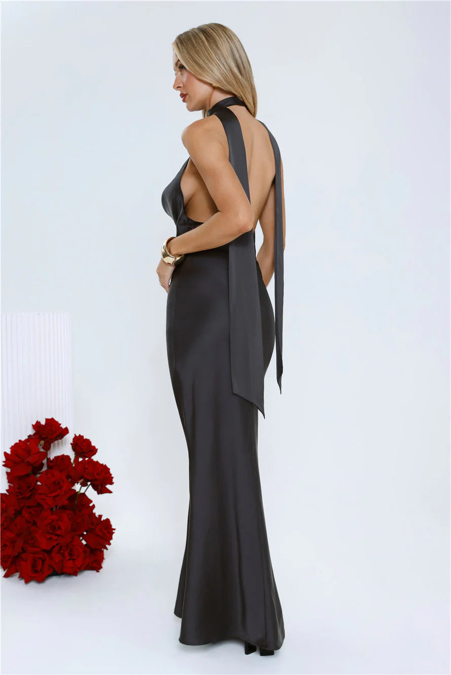 VIP Energy Satin Halter Maxi Dress Black