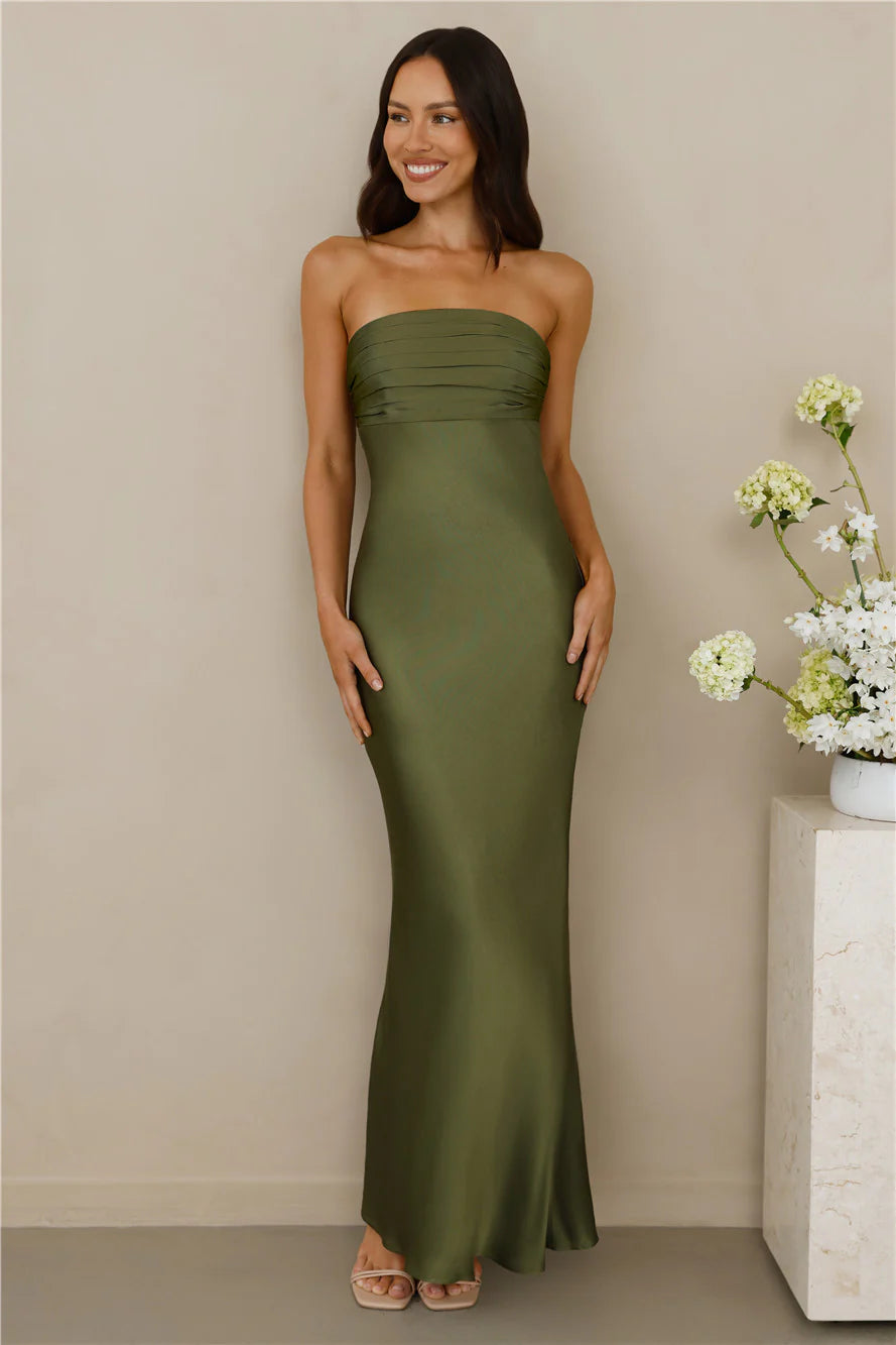 The Seraphina Strapless Satin Maxi Dress Olive