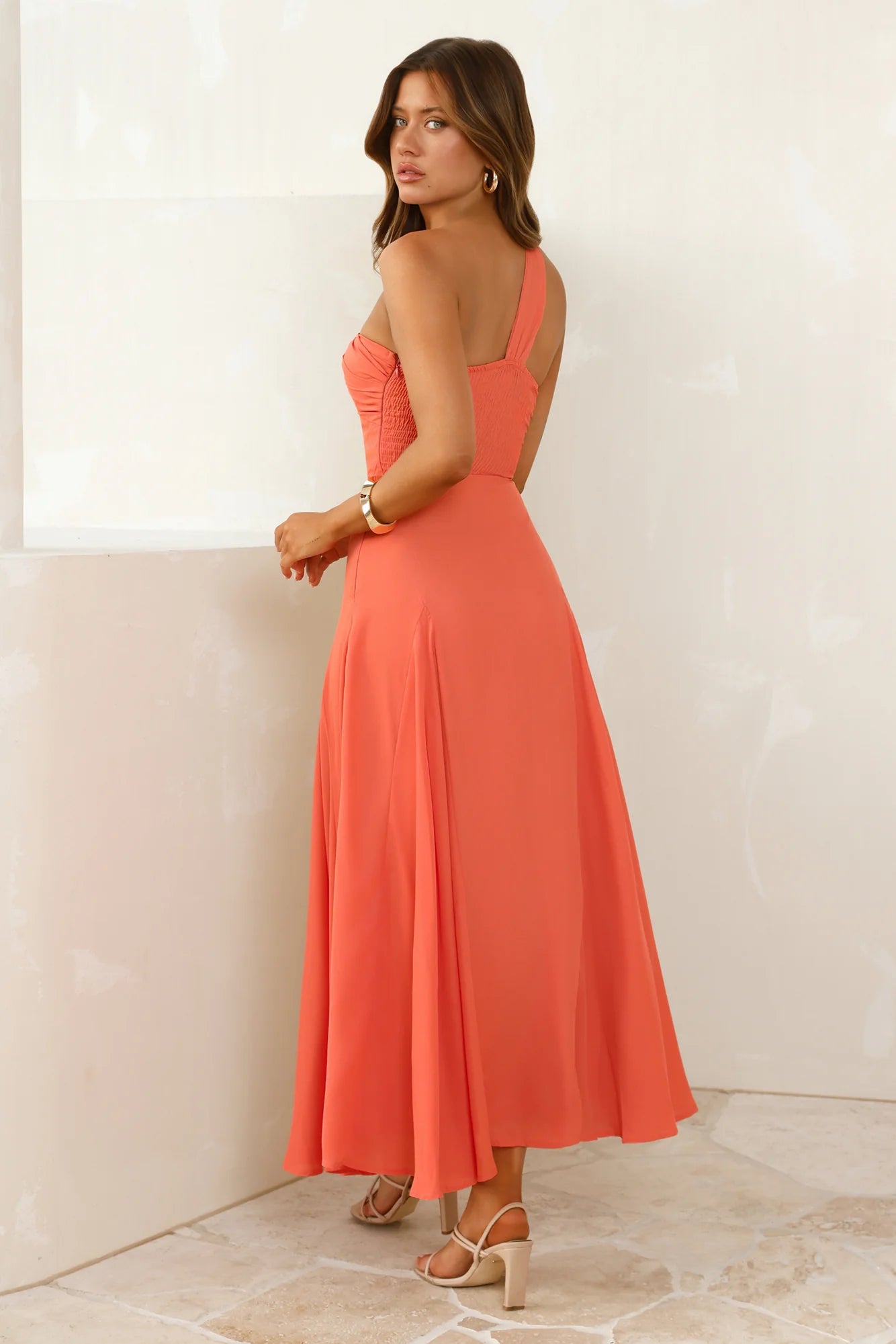 Styled Like A Star One Shoulder Maxi Dress Coral