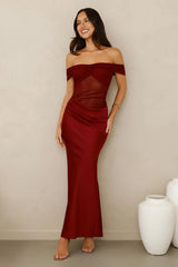Silent Dreams Mesh Satin Off Shoulder Maxi Dress Burgundy