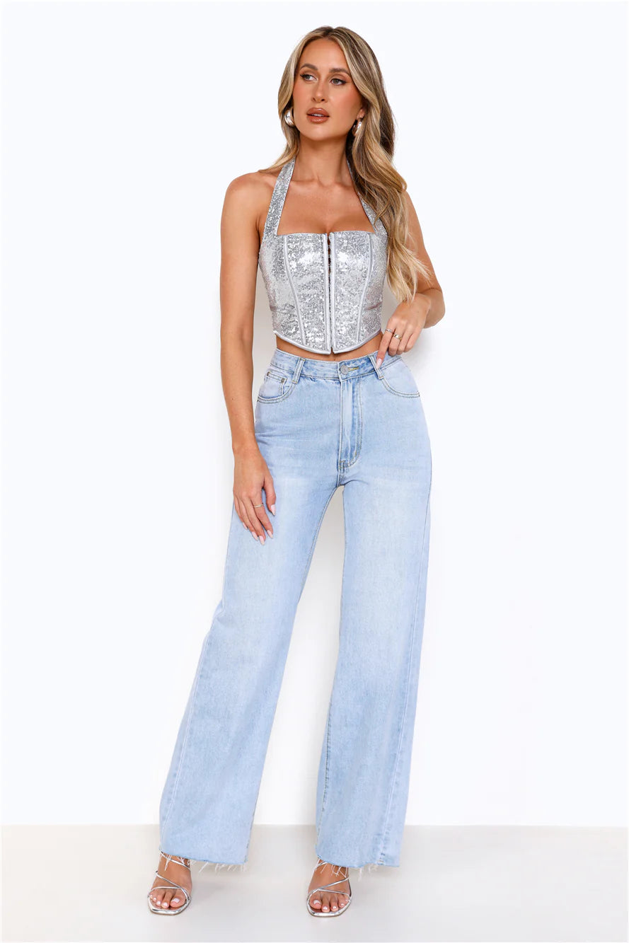 Sequin Edition Halter Corset Crop Top Silver