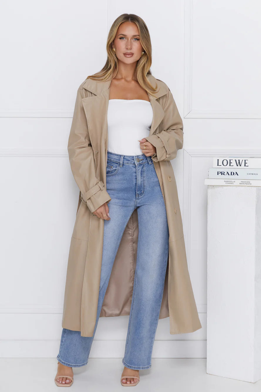 Subtle Sophistication Faux Leather Trench Coat Beige