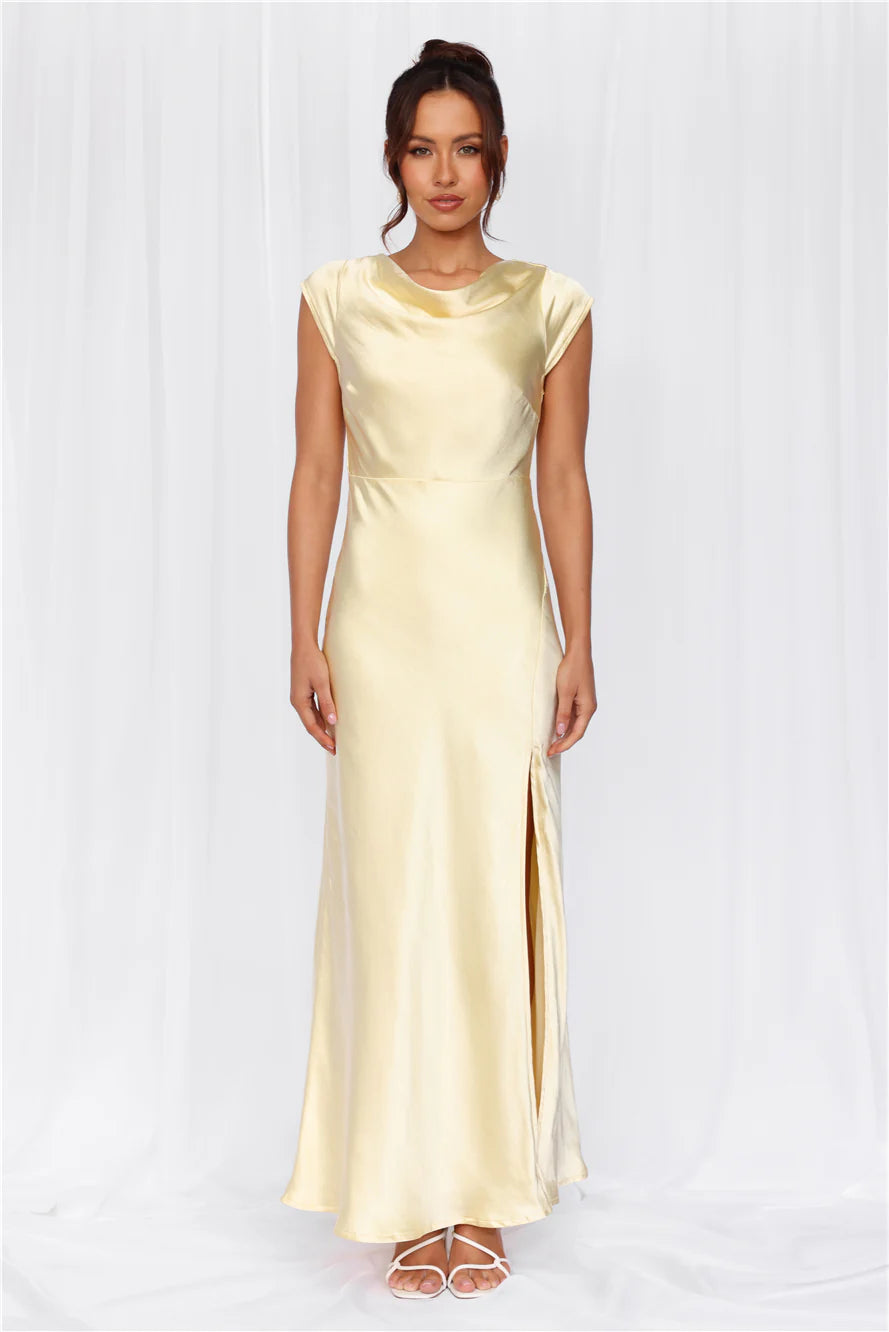 The Valentina Cap Sleeve Satin Maxi Dress Yellow