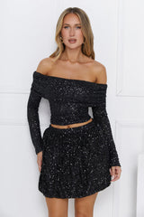 Shiny Side Off Shoulder Sequin Long Sleeve Top Black