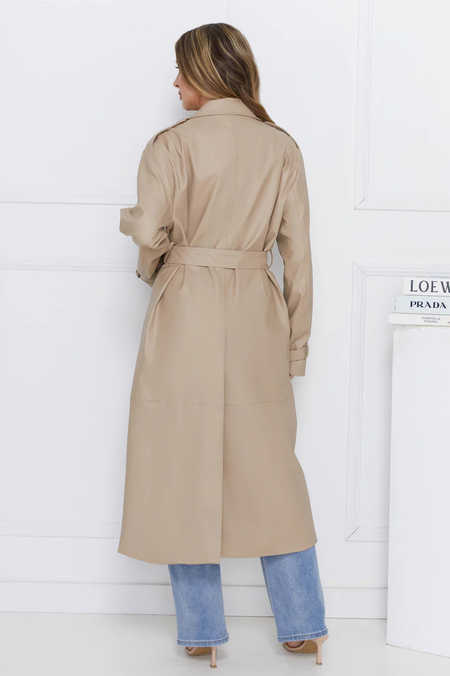 Subtle Sophistication Faux Leather Trench Coat Beige