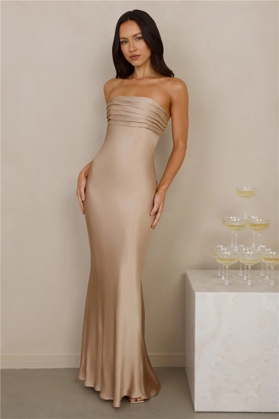 The Seraphina Strapless Satin Maxi Dress Champagne