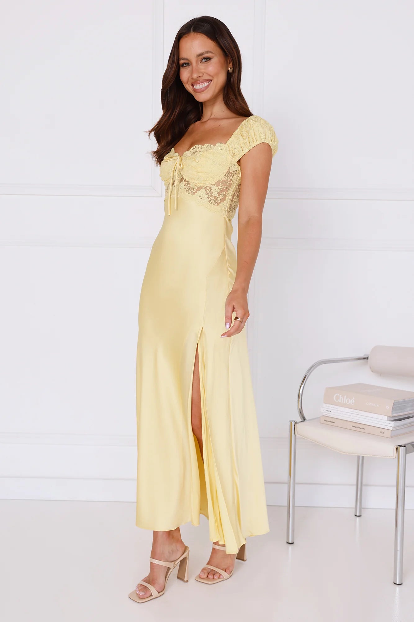 Sunny Celebration Lace Satin Midi Dress Yellow