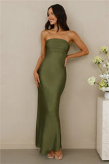 The Seraphina Strapless Satin Maxi Dress Olive