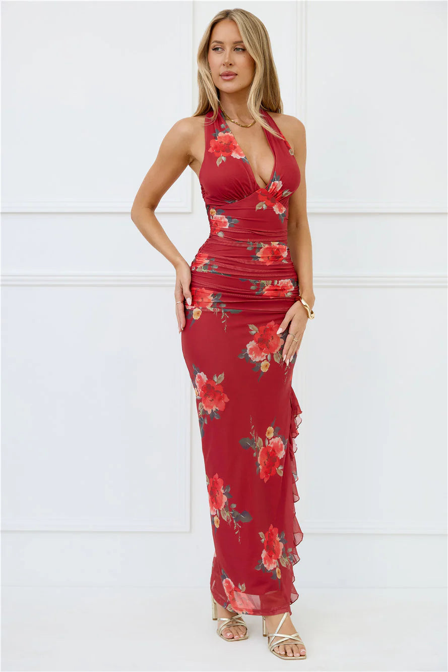 Seductive Sway Mesh Halter Maxi Dress Wine