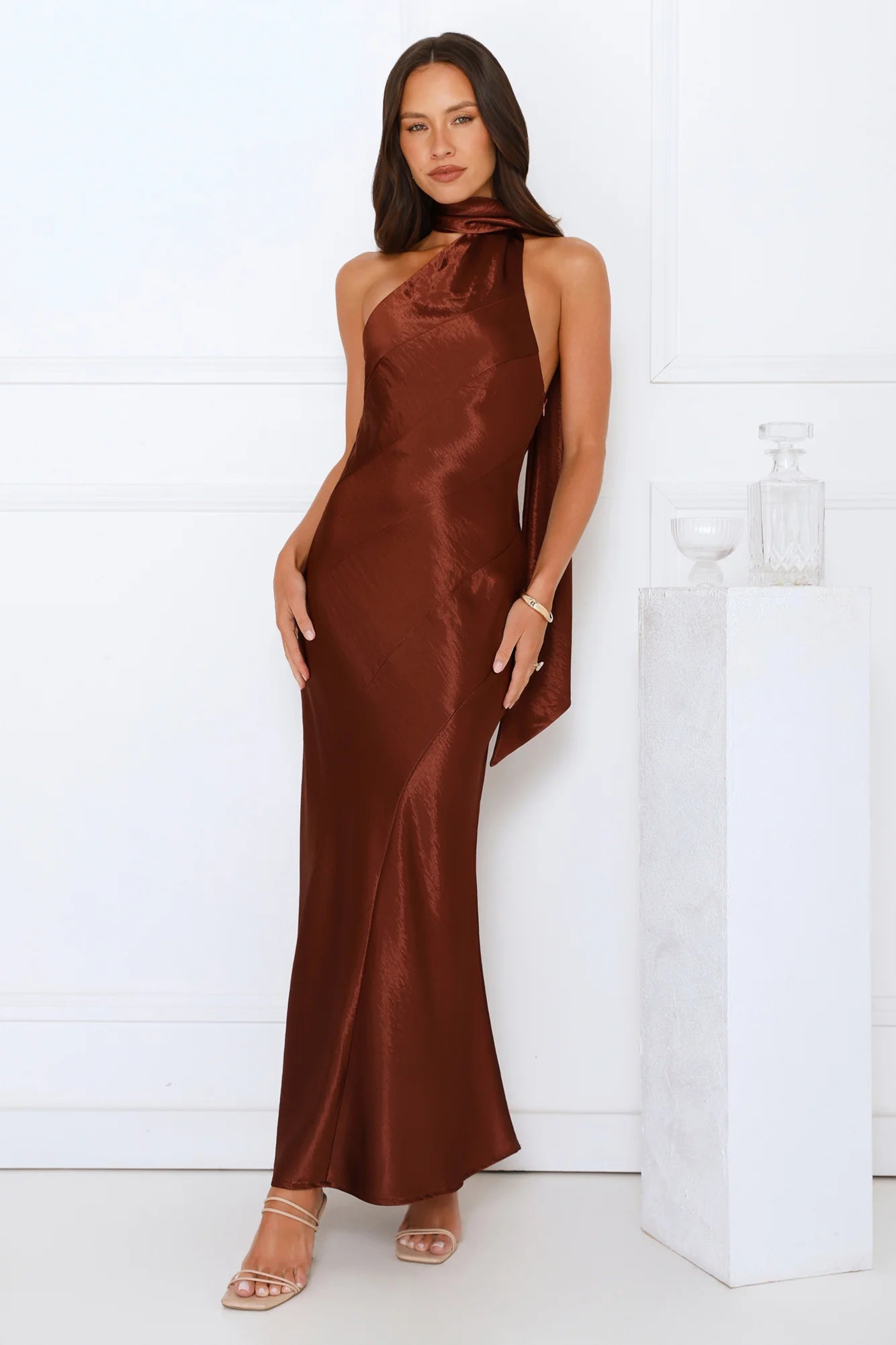 She's Got Plans Satin Maxi Dress Brown
