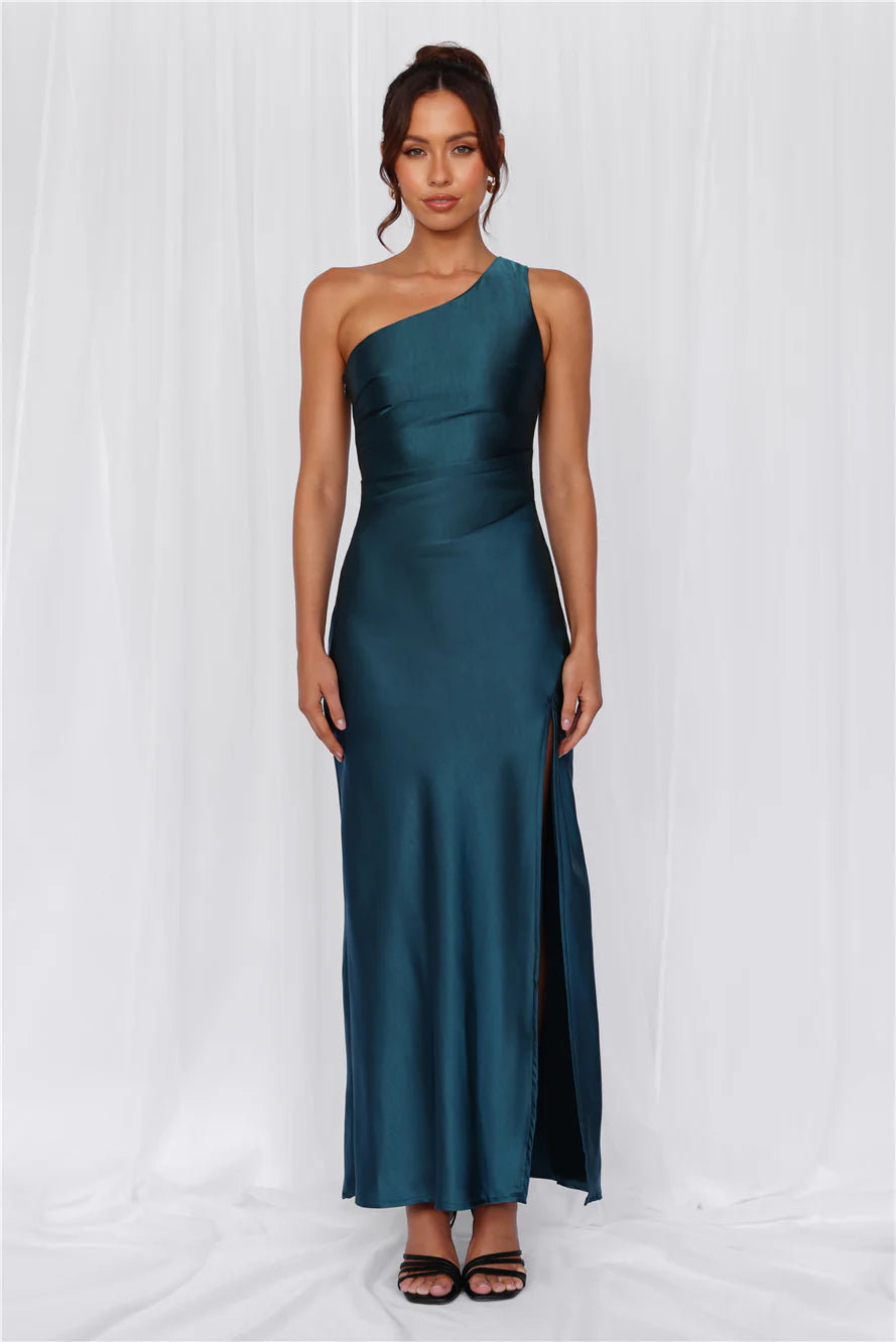 The Aurora One Shoulder Satin Maxi Dress Teal