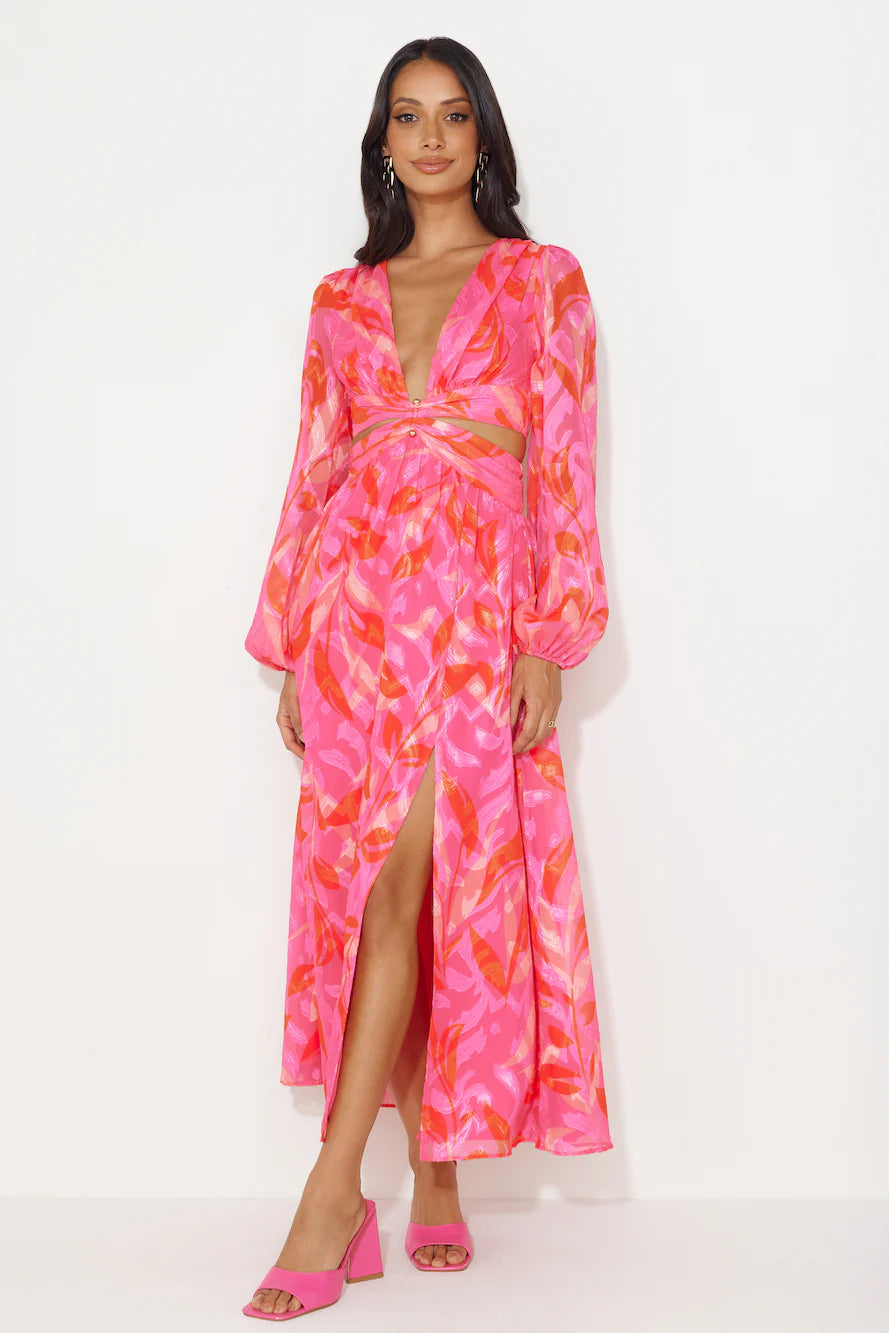 Season Vibrance Long Sleeve Maxi Dress Pink