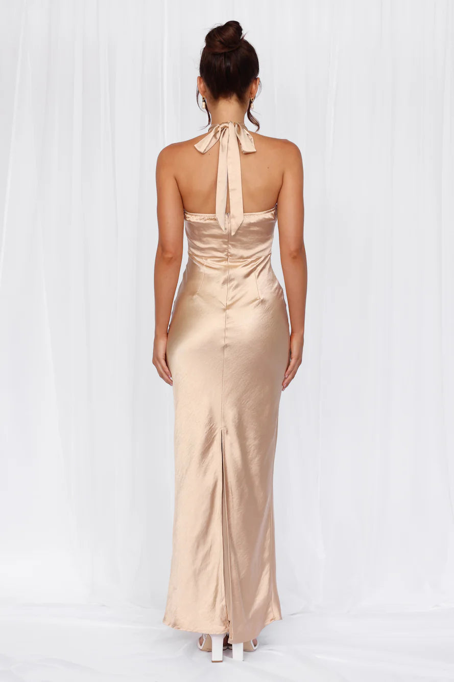 The Cleo Halter Satin Maxi Dress Champagne