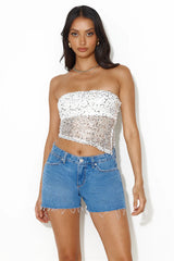 She Is The Party Strapless Sequin Crop Top Silver