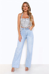 Sequin Edition Halter Corset Crop Top Silver