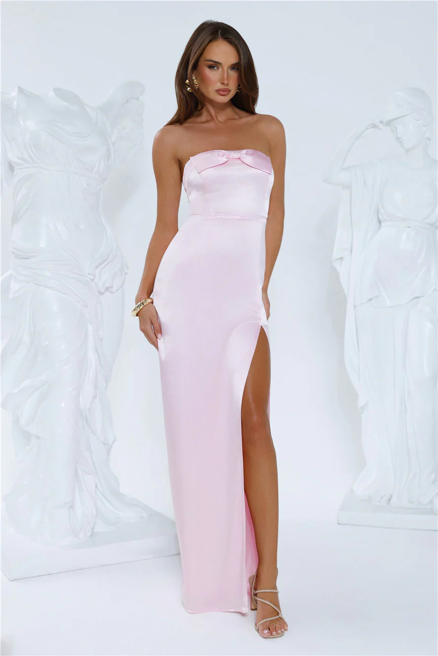 Sleek Aura Strapless Satin Maxi Dress Pink