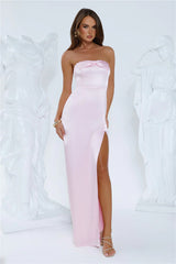 Sleek Aura Strapless Satin Maxi Dress Pink