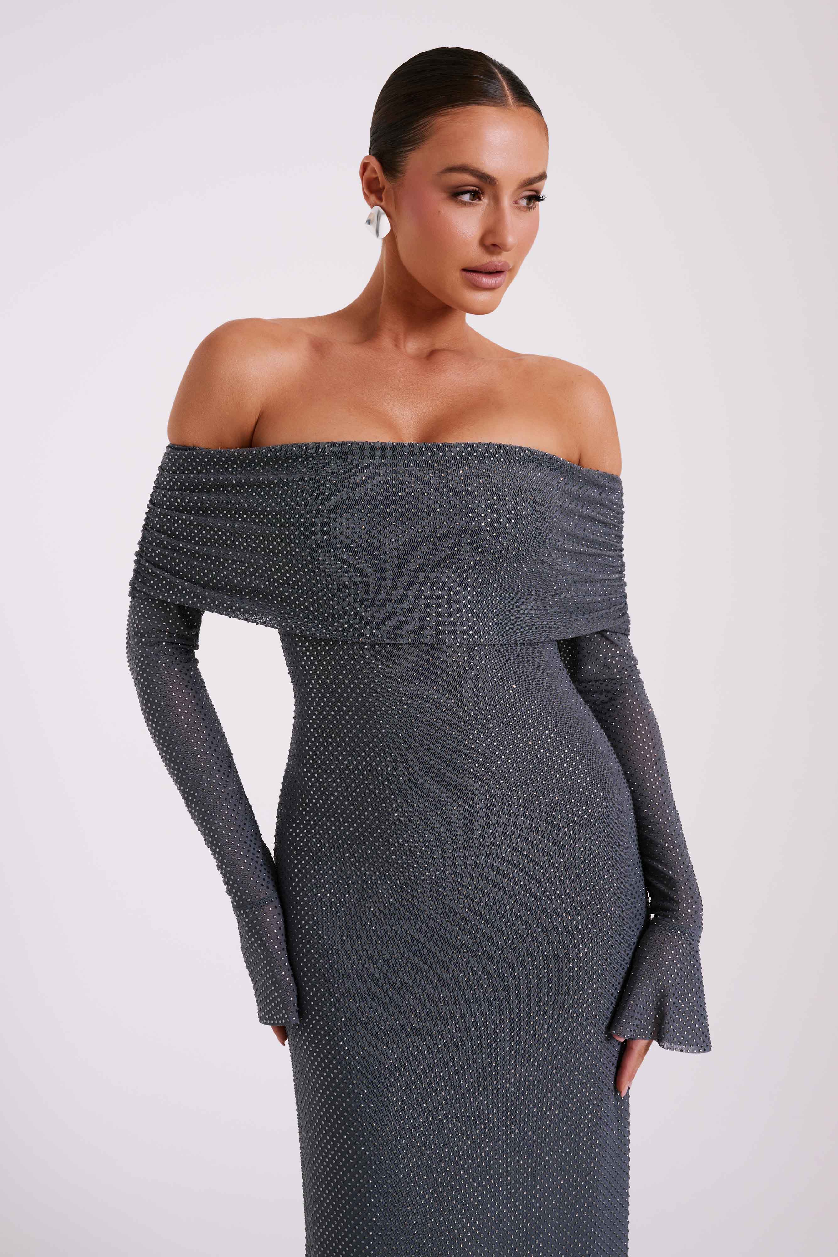 Marcel Off Shoulder Diamante Maxi Dress - Gunmetal/Chocolate