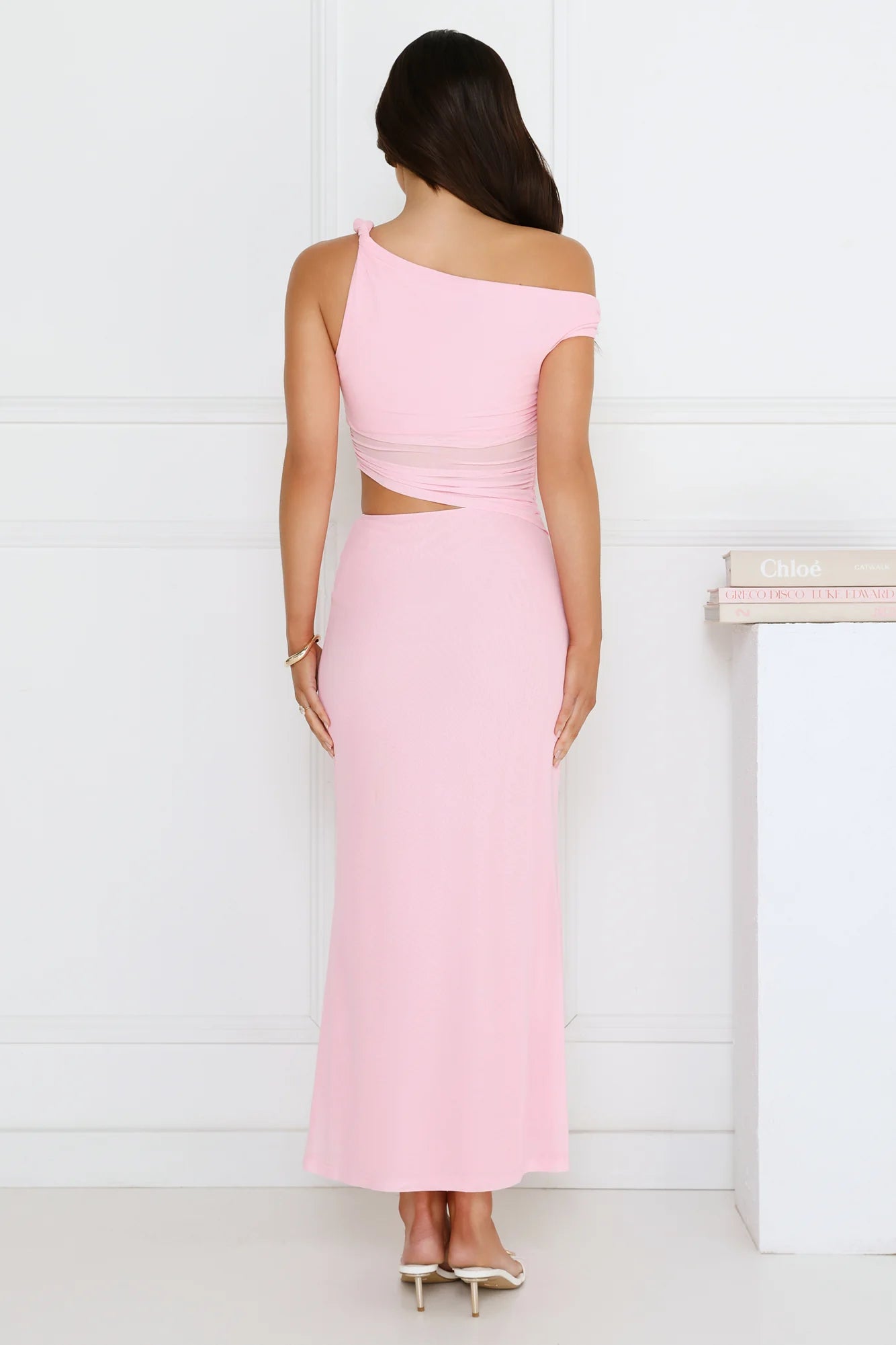 Shimmering Edge Off Shoulder Mesh Maxi Dress Pink
