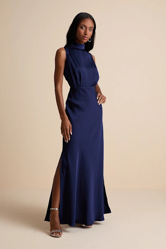 Classic Elegance Navy Satin Sleeveless Mock Neck Maxi Dress