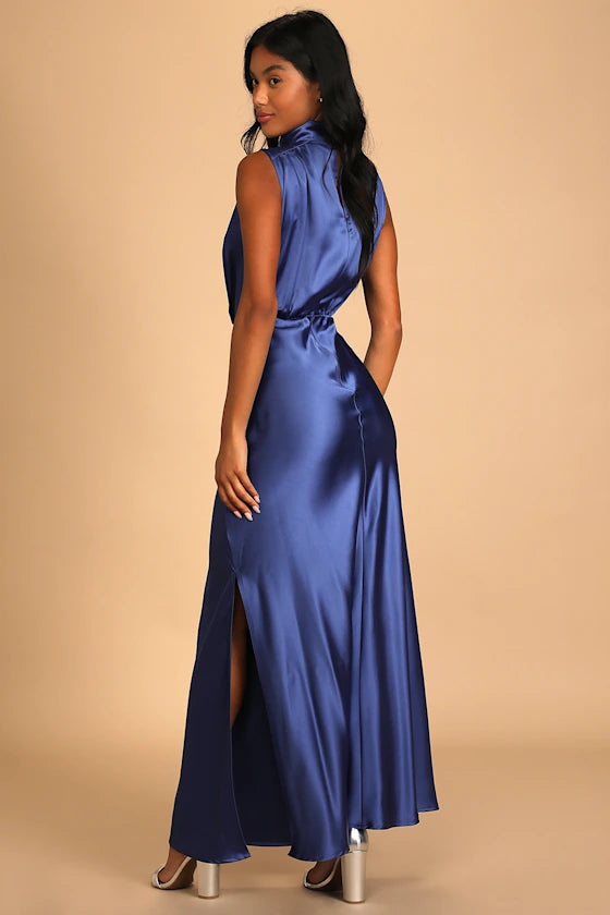 Classic Elegance Blue Satin Sleeveless Mock Neck Maxi Dress