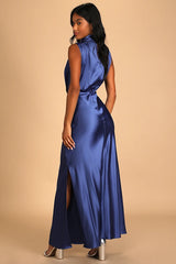 Classic Elegance Blue Satin Sleeveless Mock Neck Maxi Dress