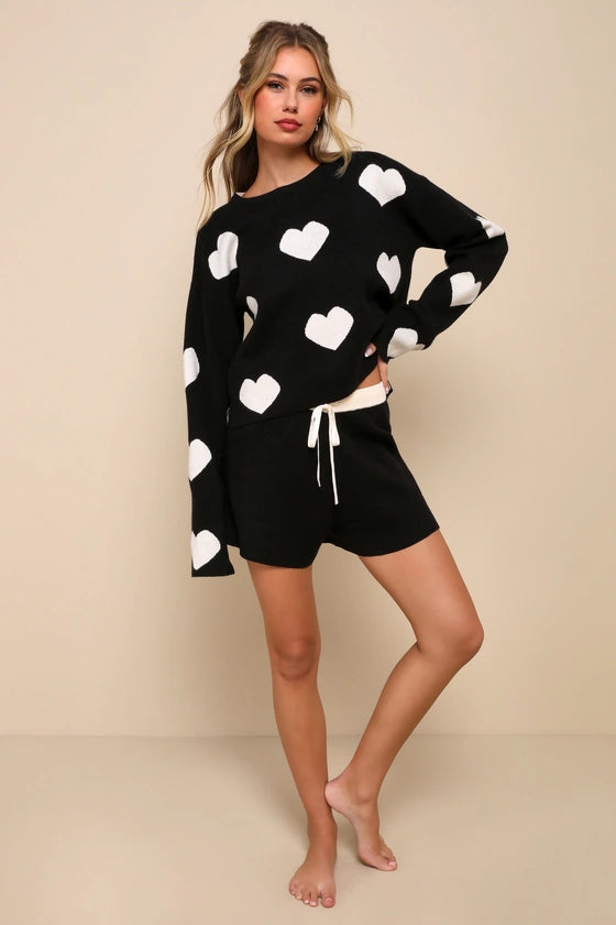 Weekend Adoration Black Heart Print Pullover Sweater