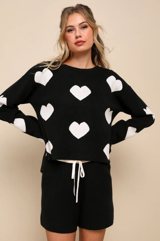 Weekend Adoration Black Heart Print Pullover Sweater