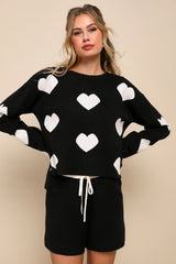Weekend Adoration Black Heart Print Pullover Sweater