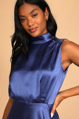 Classic Elegance Blue Satin Sleeveless Mock Neck Maxi Dress