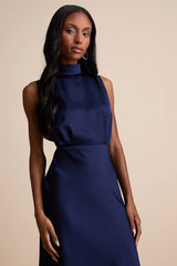 Classic Elegance Navy Satin Sleeveless Mock Neck Maxi Dress