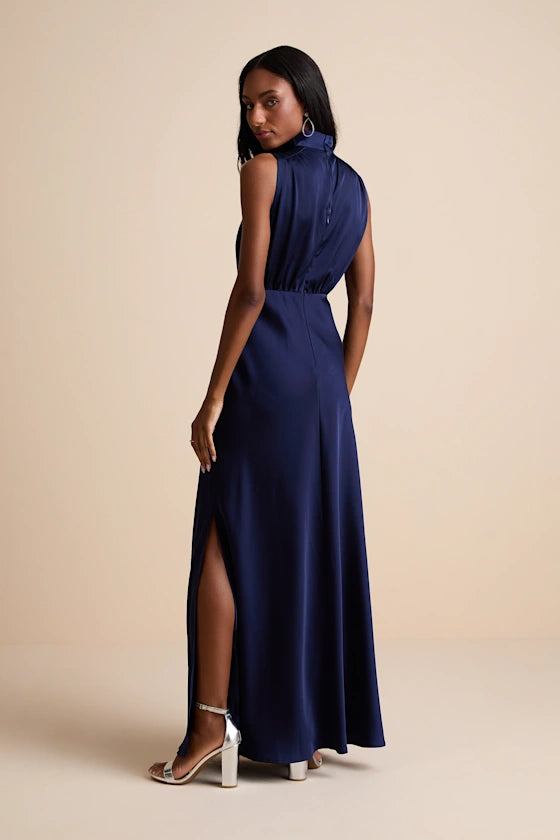 Classic Elegance Navy Satin Sleeveless Mock Neck Maxi Dress