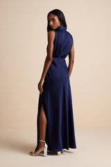 Classic Elegance Navy Satin Sleeveless Mock Neck Maxi Dress